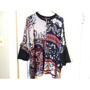 Free People Oversized Poncho Sweater in paisley print of red, white &blue small